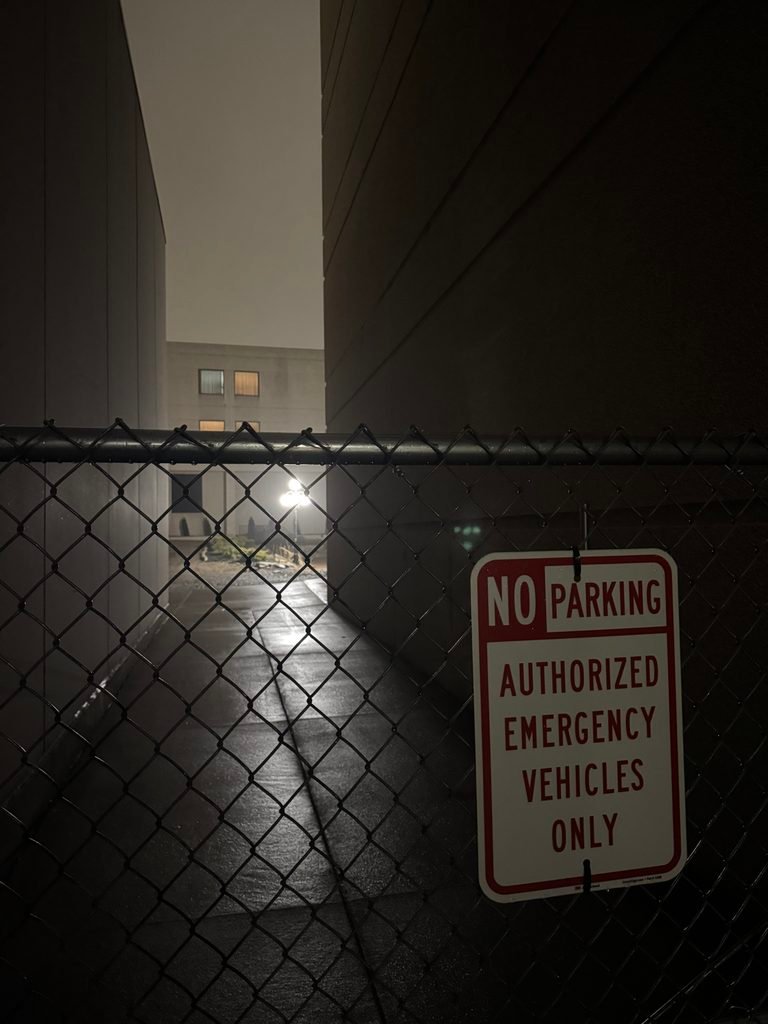 An alley, blocked by a chain-link fence, and labeled with a NO PARKING sign.